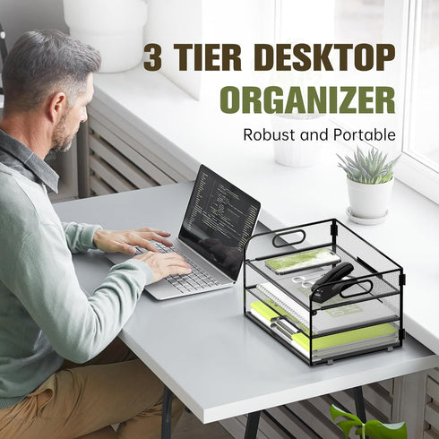 Daltack 3-Tier Paper Organizer with Handle, Mesh Desk Organizer Letter Tray, File Organizer for A4 File Folder, Black 2