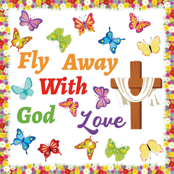 Jesus Bulletin Board Decorations - Christian Religious Set with Fly Away with God Cross Cutouts