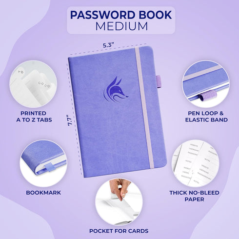 Clever Fox Password Book - Medium Internet Address Organizer Logbook with Alphabetical Tabs (Lavender)