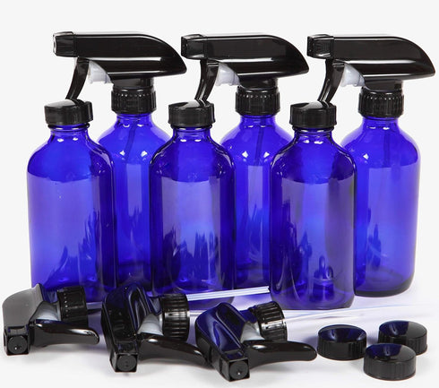 Vivaplex 6 Large 8 oz Empty Cobalt Blue Glass Spray Bottles with Black Trigger Sprayers and Lids