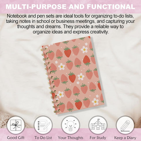 Strawberry Journal, Aesthetic Spiral Notebook for Women, Cute Composition Notebook, 5.5x8.3 Hardcover Office Supplies