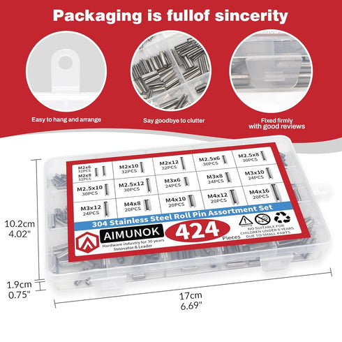 424Pcs Stainless Steel Needle Roller Assembly Set, Slotted Spring Pin and Spring Dowel Tension Roll Pins Assortment