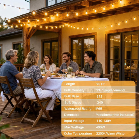 wtiyvxr 25 G40 Lights,13 Bulbs(1 IP65 Dimmable Bulbs E12 2200K FT Outdoor String Lights Globe Shatterproof Patio