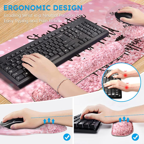 iCasso Large Pink Mouse Pad, 4in1 XXL Desk Mat with Wrist Rest and Coaster Set for Home Office