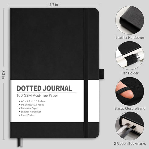 RETTACY Bullet Dotted Journal - A5 Dotted Grid Notebook with 192 Pages, 100 GSM Acid-Free Paper, Bullet Journaling, Sketching, Leather Hardcover, Inner Pocket, 5.7'' × 8.3'' (Black)