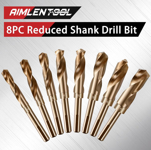 Reduced Shank Drill Bit Set, 8Pcs High-Speed Steel, 1/2” Deming Large Drill Bit Set for Home DIY, General Building,