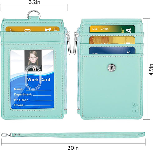 ELV Badge Holder with Zipper, PU Leather ID Card Holder Wallet, 5 Card Slots, RFID Blocking Pocket, Mint