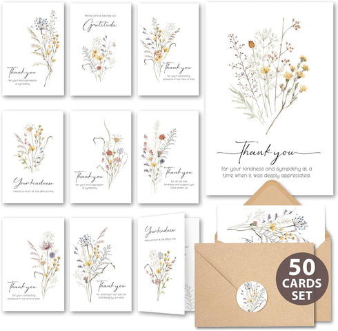 50 Pcs Funeral Thank You Cards with Envelopes Message Inside and Matching