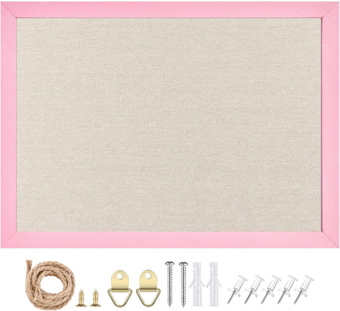 Linen Bulletin Board 10.2"x14.3", Pink Wood Frame, Beige Linen Small Pin Board for Home Kitchen Office Decor (PK-2636)