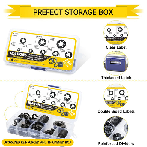 Internal Tooth Starlock Washers, 330PCS 8 Size Quick Locking Washers, 65Mn Steel Retaining Clips Assortment Kit