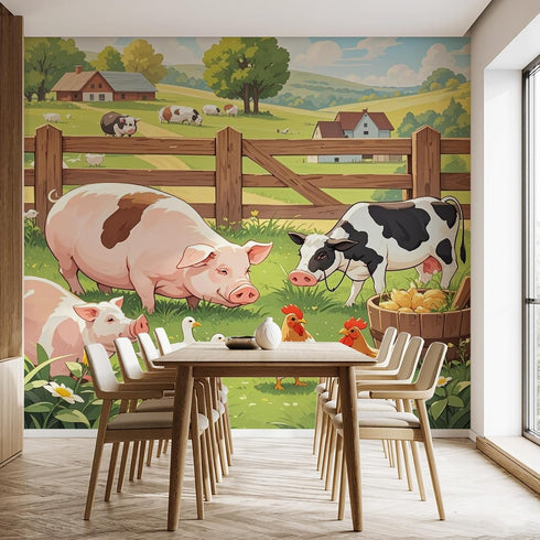 MazoAzuria Farmhouse Animal Wall Mural, Pig Dairy Cow Wallpaper, Farm Chicken Murals for Bedroom Living Room Dining