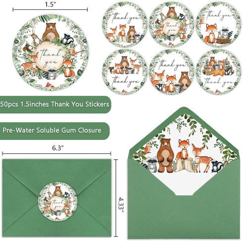 Yuzioey 4x6 (50PCS) Woodland Thank You Cards, Forest Animals Thank You Notes with Matching Envelopes & Stickers