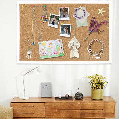 FEBSNOW Cork Board Bulletin Board 23 x 15.7 Inches with Rectangle White Frame for Office Message Board