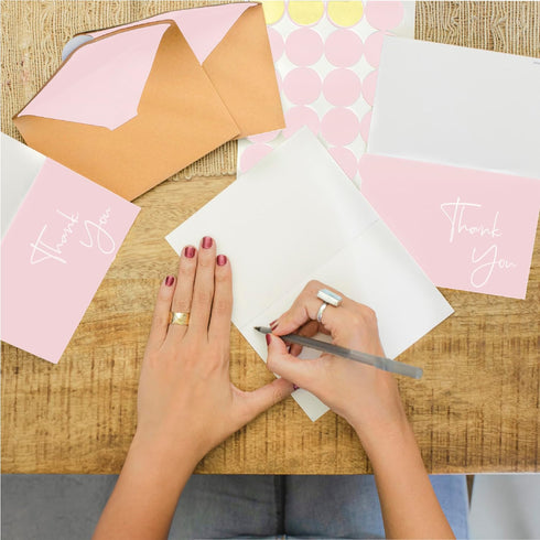 Set 100 Pack 4x6 VNS Creations Bundle - Thank You Cards With Envelopes Bulk & Stickers - - Light Blue and Pink
