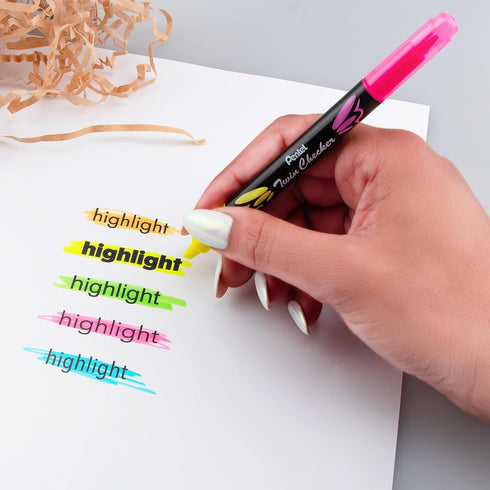 Pentel Twin Checker Dual-tip Highlighter, Pack of 12, Chisel Tip, Yellow/Pink Ink (SLW8-GP)