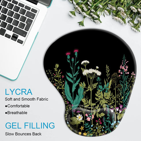 Ergonomic Mouse Pad with Wrist Rest Support Gel, Cute Non-Slip Pad, Garden Flowers Design