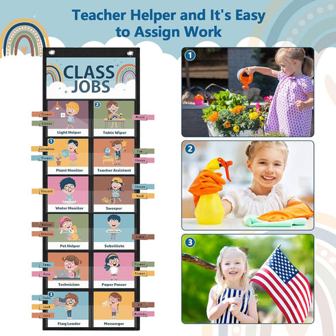 Pasimy 89 Pcs Class Jobs Pocket Chart, Boho Class Helpers Educational Management Chart for School