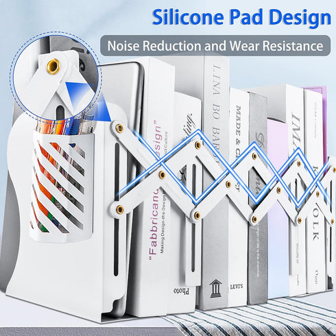 Heavy Duty Book Ends with Pen Holder - Adjustable Metal Book Ends for Shelves, Black Binder Organizer for Desk