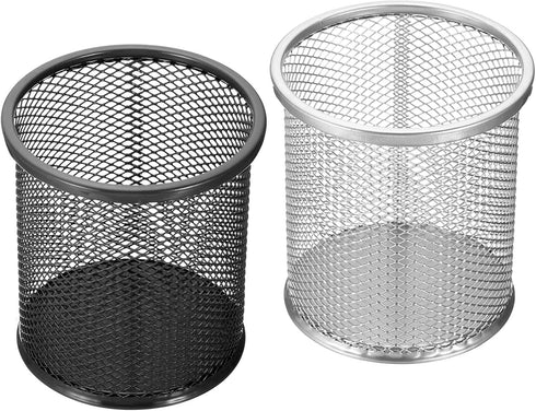 PATIKIL 2 Pack Mesh Pen Holder, Round Pencil Basket Cup Organizer for Desk Accessories, Silver Black Makeup Brush Holder