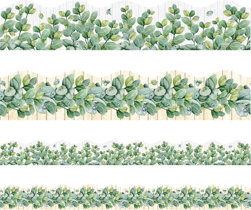 Eucalyptus Bulletin Board Border Die-Cut Classroom Decoration 36ft Per Roll Two Sided Printed Rustic Greenery Leaves Border for Classroom Back to School Decoration