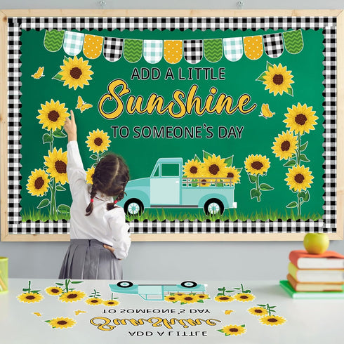 ZOIIWA Sunflower Bulletin Board Decorations, Summer Truck Back to School Set with Black Plaid Borders Wall Decor