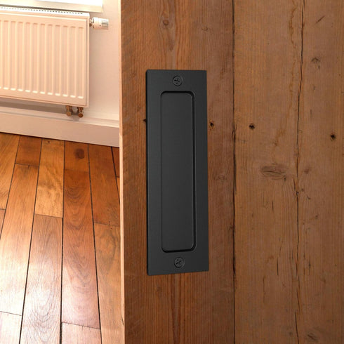 7" Flush Pull Handle: Sliding Barn Door Handle for Cabinets, Closet, Drawers - Black - Set of 2