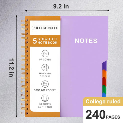 CAGIE 5 Subject Notebook College Ruled 8.5'' x 11'' Hardcover Spiral Lined Notebook with 5 Removable Colored Dividers 240 Pages Notebooks for Work, School Supplies, Home & Office, Writing Journal by CAGIE