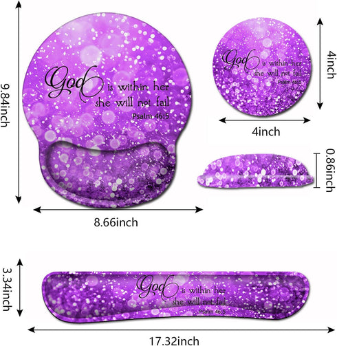 Mouse Pad with Wrist Support, Ergonomic Gel Mouse Pad Memory Foam Keyboard Wrist Rest, Suitable forfor Women Office Typing Games Desktop Decoration, Beautiful Purple Glitter and Psalm 46:5 Bible