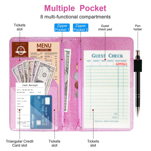 2 Server Book with Zipper Pockets, Leather Server Book Organizer for Waitress, Bling Waiter Book Money Wallet with Pen