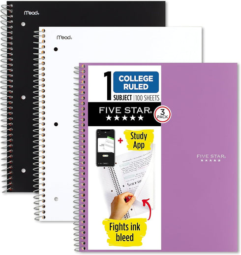 Five Star Spiral Notebooks + Study App, 3 Pack, 1-Subject, College Ruled Paper, 100 Sheets, 11" x 8-1/2"