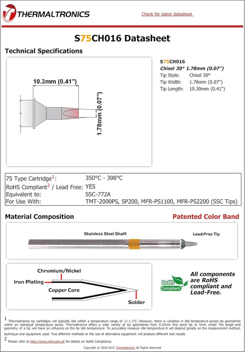 Thermaltronics S75CH016 Chisel 30deg 1.78mm (0.07in) Interchangeable for Metcal SSC-772A