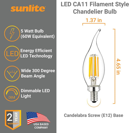 CA11 Bulb, 5 (60W 600 (E12), Dimmable, 2700K 1 Count Sunlite LED Filament Flame Tip Chandelier Light Watts Equivalent)