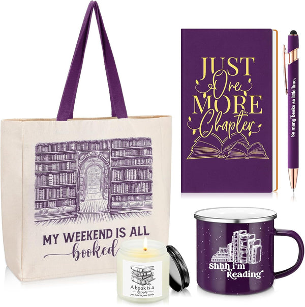 Set of 5 Book Lovers Gifts for Library Lovers' Day, A6 Journal Notebook with Ballpoint Pen, Canvas Tote Bag, Enamel