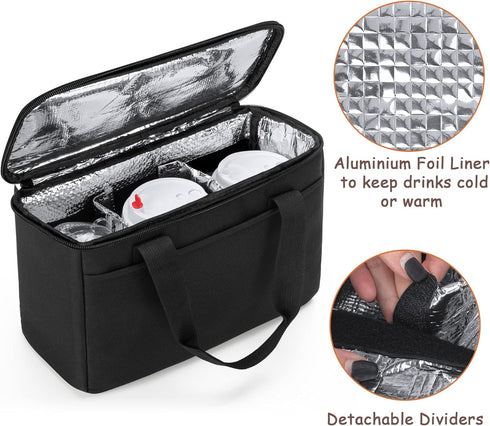 Trunab Reusable 3 Cups Drink Carrier - Insulated Drink Caddy Holder Bag for Delivery, Black