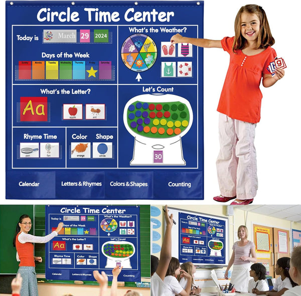 KIKIGOAL Circle Time Center Classroom Pocket Chart, Educational Teaching Materials for Learning Calendar and Weather