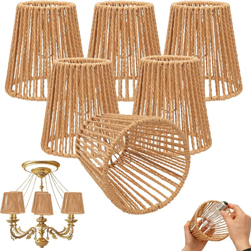 Wenceda 6 Pcs Rattan Chandelier Lamp Shades Sets Wicker Lampshades Replacement for Table
