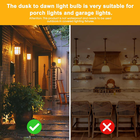Dusk to Dawn LED Yellow Bug Light Bulb, 6W (40W Equivalent), E26 Base, Auto On/Off, 2 Pack for Outdoor Porch Lights