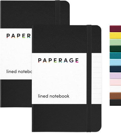 PAPERAGE Lined Pocket Journal Notebook, 2 Pack, Black, 160 Pages, Small 3.6 x 5.6 inches, Hardcover