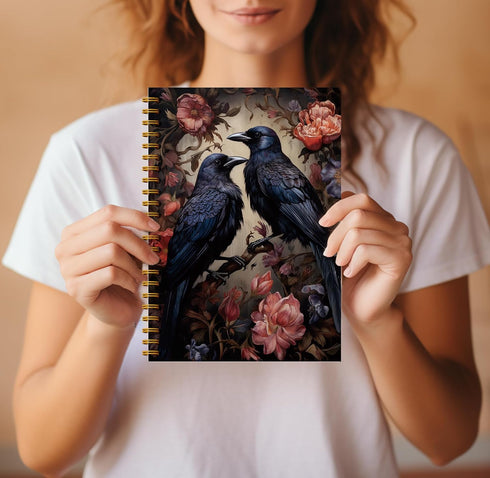 Dark Academia Floral Raven Notebook, Gothic Journal for Women, Witchy Spiral Notebook, Halloween Office Supplies