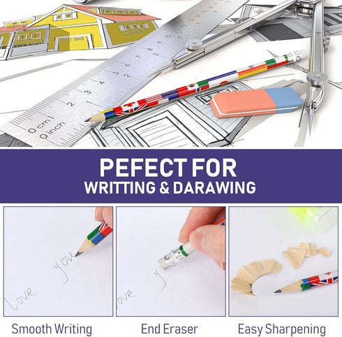 International Flags World Pencils: American, British, France, China, India with Erasers - 60 Pcs for School Supplies
