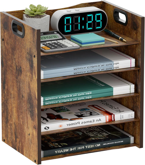 File Organizer for Desk, Wood Desk Organizer, 5 Tier Office Accessories with Handle, Mesh File Organizer