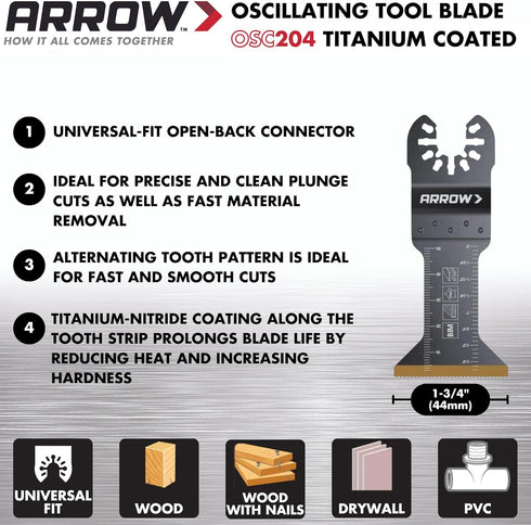 Arrow OSC204-3 Titanium Coated Oscillating Tool Saw Blades for Woodworking, Drywall, PVC, and Metal, Universal, Fits Most Multitools, 1-3/4 Inch, 3-Pack