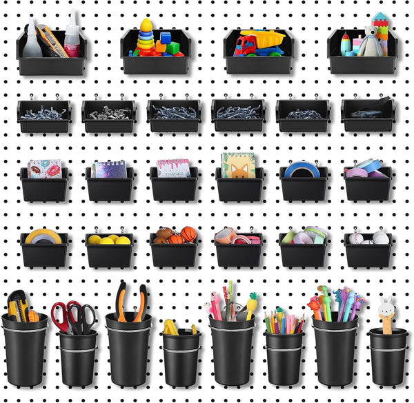 Roowest 60 Pcs Pegboard Cups Set, Pegboard Wall Organizer with Hooks and Loops, Office Storage Garage Craft Workshop