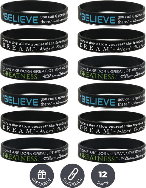 Inkstone 12-Pack Motivational Wristbands - Believe, Dream, Greatness | Silicone Rubber Bracelets for Men and Women