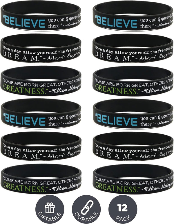 Inkstone 12-Pack Motivational Wristbands - Believe, Dream, Greatness | Silicone Rubber Bracelets for Men and Women
