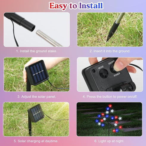 4th 20 2 4 Pack Lewondr of July Decorations Solar Garden Lights, Outdoor Red Blue White Star Solar Lights, Waterproof