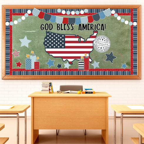 Whaline 82Pcs Patriotic Bulletin Board Decoration Kit - God Bless America Set with Star Cutouts for 4th of July