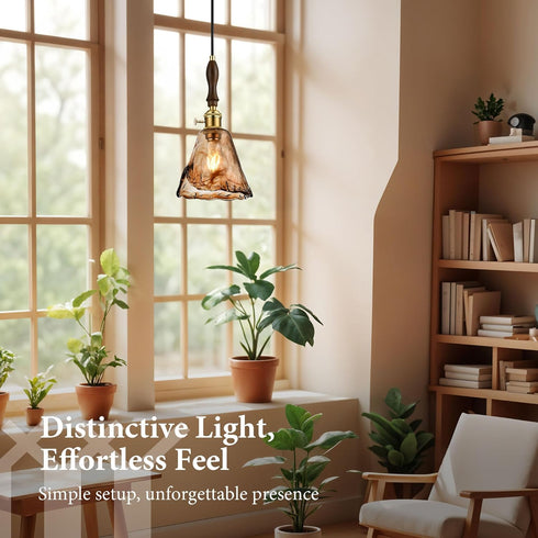 6"x11.5" 15"-72" E26 Modern Amber Glass Pendant Light, Floral Bell-Shaped Hanging Light with Wood Handle & Brass Cap