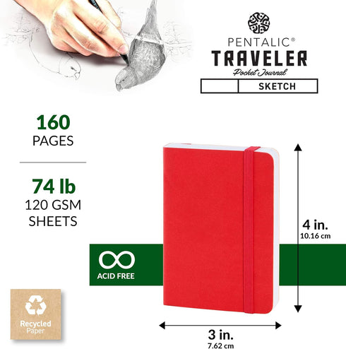 Pentalic 3 x 4 Pocket Sketchbook Traveler Journal, 160 Pages, Red Color