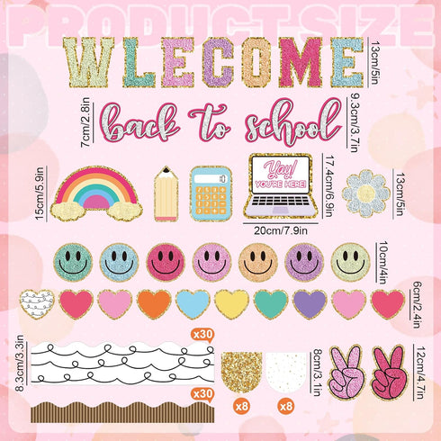 110Pcs Back to School Bulletin Board Kit Boho Groovy Paper Cutouts with Glue Points Welcome Preppy Colorful Bulletin Board Decoration Set for School Classroom Party